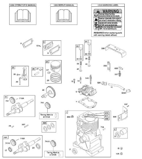 C - Albero a camme, albero motore, cilindro, testata, manuale per l'uso, biella/anelli/pistone, etichetta di avvertenza B&S - 09 €¦ 093312-1182-B1 brand Stihl